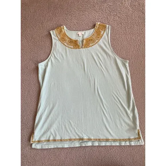 J Jill Tank Top Large Embroidered V-Neck Sleeveless Blouse Stretch Gold Beach - Picture 13 of 13